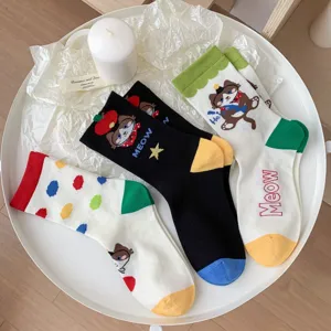 Cute cartoon cat designer cotton socks, colorful dopamine style fashion women mid tube socks.