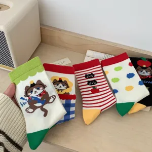 Cartoon cat print women cotton socks colorful dopamine style casual retro mid tube socks
