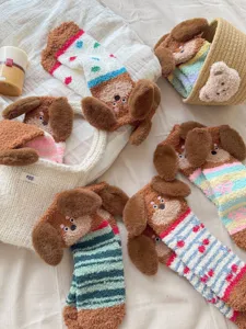 Calzini morbidi in peluche da cane con orecchie 3D caldi calzini invernali da sonno donna