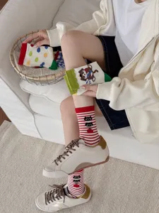 Cute cartoon cat design women socks, vintage color block red white stripe cotton socks detail.
