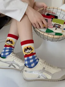 Cartoon cat graphic cotton socks with retro color block design, perfect for playful daily wear.