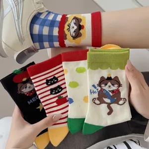 Cute cartoon cat designer women's cotton socks, vintage color block mid-tube socks.
