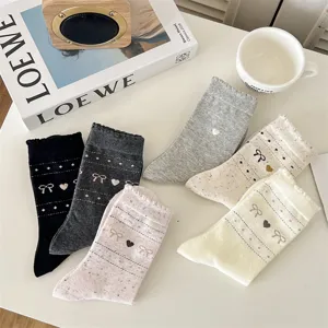 Vintage bow cotton socks set, cute heart pattern design, soft cozy winter daily wear.