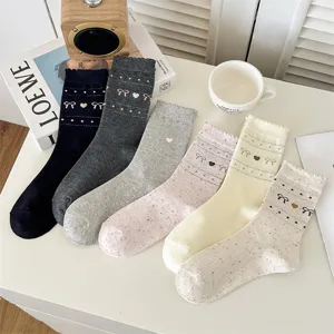 Christmas Fair Isle Snowflake Bow Women Cotton Slouch Socks Sweet Cute Vintage Casual Mid Tube Socks Daily Wear