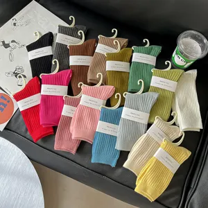Dames Gekamd Katoen Halflange Sokken Effen Kleur Snoepkleur Casual Dubbelnaalds Crew Sokken Lente Herfst