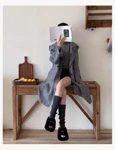 Grey knit coat and leg warmers set, stylish Y2K winter fashion apparel for women daily wear.