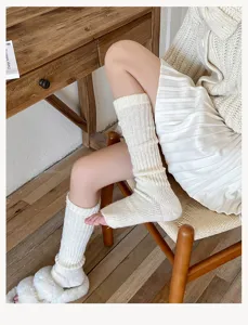 Cozy knitted leg warmers for women, vintage ribbed winter long socks, cream white.