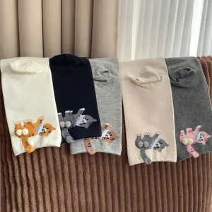 Cute 3D cat pom-pom mid tube socks for women, funny cartoon kitty cotton casual socks main view