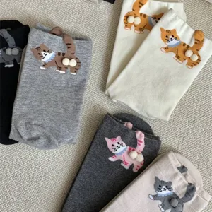 Cute cartoon cat women's mid-tube socks with funny 3D pom-pom tails, sweet cozy cotton knit hosiery.