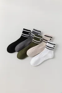 Men's mid-tube cotton socks with stripes and embroidery, comfortable breathable athletic wear.
