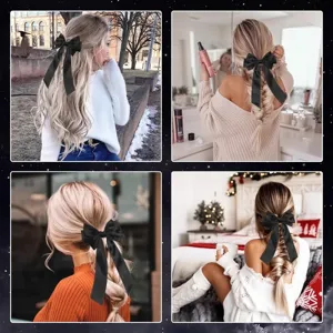 Vue détaillée d'une élégante pince à cheveux en satin noir à trois couches sur un modèle