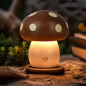Artistic wooden mushroom night light lamp glowing warmly in a cozy natural setting
