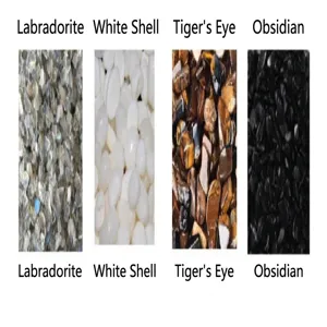 Comparison of four natural crushed stones: Labradorite, White Shell, Tiger Eye, Obsidian