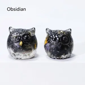 Pair of handmade obsidian resin owl figurines for crystal micro landscape decoration