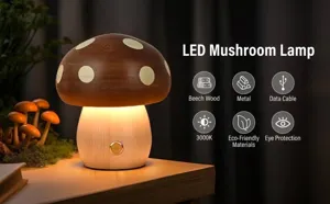 Close-up of mushroom lamp made of beech wood and metal with warm 3000K LED glow