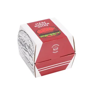 Kreative Hamburger-Geschenkbox für Socken mit lustiger Essensillustration darauf.