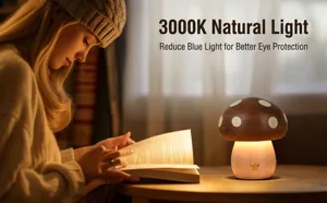 Detailed shot of a 3000K warm light wooden mushroom LED night light on a bedside table.