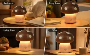 Mushroom wooden night light shown in bedroom, study, living room and office settings