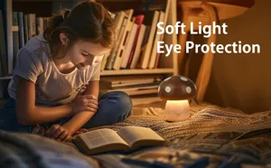 Cozy warm light from a solid wood mushroom LED night light during a child's reading time
