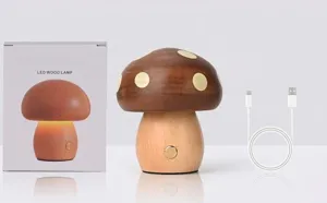 Package contents of wooden mushroom LED night light with USB cable and box