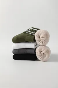 Detailed view of men's striped crew socks with thick terry bottom, breathable winter socks.