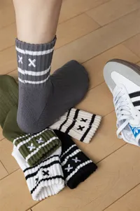 Men's mid-tube cotton sports socks with striped pattern and embroidered XX motif daily wear.