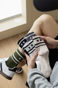 Men mid-calf cotton socks with striped design and embroidered XX motif for casual daily sports wear