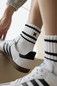 Men mid-calf cotton socks with stylish black white stripes and embroidery for daily sports wear.