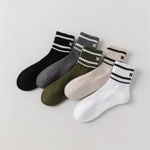 Men crew socks set of 5 colors casual striped cotton athletic socks with embroidered accent.