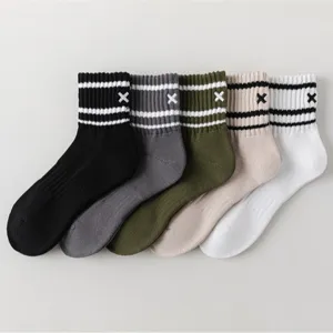 Men mid-tube casual striped embroidery cotton athletic breathable socks 5 pairs set