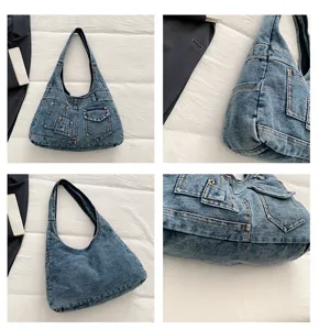 Vintage πλυμένη τσάντα ώμου από denim μεγάλη χωρητικότητα casual tote τσάντα με μπροστινές τσέπες.