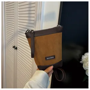 Brown suede crossbody phone bag for women, stylish niche design shoulder bag for daily casual use.