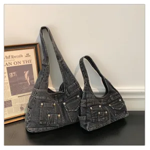 Vintage πλυμένη τσάντα ώμου denim μεγάλη χωρητικότητα casual τσάντα πολλαπλών τσεπών