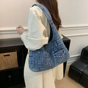 Vintage τsάντα ώμου denim για γυναίκες, μεγάλη casual τσάντα tote, κομψή τσάντα χειρός.