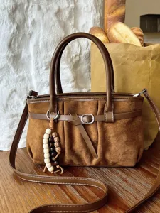 Borsa a tracolla retrò marrone in camoscio da donna, borsa casual di grande capacità.