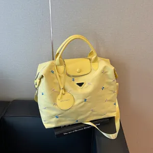 Gele grote reistas tote bag met schattige strik borduursels, lichtgewicht schoudertas.