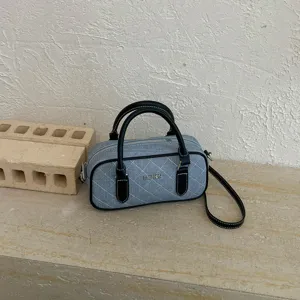 Jeans Zylinder Umhängetasche für Damen, elegante gesteppte Handtasche mit Henkel und Tr