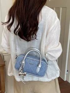 Schicke Jeans Stepp Schultertasche fuer Damen, freizeit Bowling Handtasche mit Silber Griff.