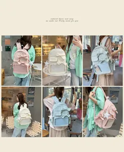 Mochila bonita con lazo y bolsillo transparente lindo bolso escolar para chicas uso diario
