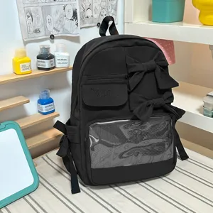 Ein stilvoller schwarzer Schleifen-Rucksack mit klarem Sichtfenster für den Schulalltag.