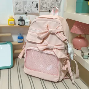 Rosa Schleife Rucksack für Mädchen, süße Ita Tasche mit transparentem Vordertaschen-Detail