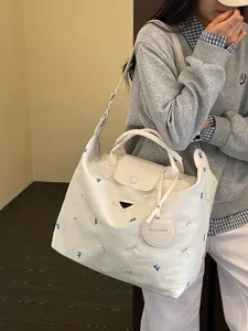 Grote canvas shopper tas voor vrouwen, stijlvolle geborduurde schouder reistas handtas.