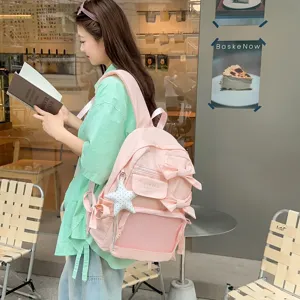 Schicker rosa Schleifen Schulrucksack fuer Maedchen, stilvoller Freizeitrucksack mit Stern.