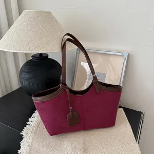 Fashion vintage women tote bag luxury suede contrast color shoulder bag large capacity handbag
