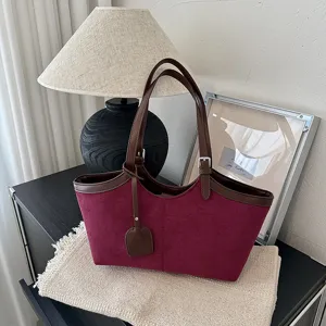 Women vintage suede tote bag large capacity shoulder handbag casual commute elegant purse