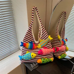 Borsa shopper in maglia con pesci 3D da donna, elegante borsa a spalla, grande capacità.