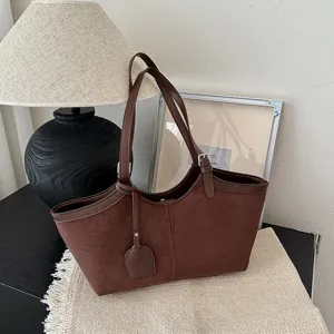 Brown suede tote bag for women vintage shoulder handbag large capacity casual daily purse