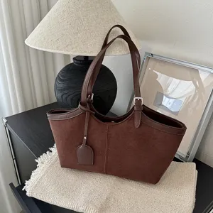 Brown suede women tote bag retro shoulder bag large capacity casual handbag daily style