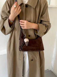 Koreaanse stijl bruine suede schouder tas, retro grote capaciteit dumpling handtas.