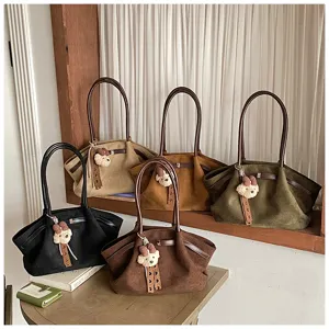 Stylish women pleated tote bag casual suede shoulder handbag with cute bear pendant for daily use.